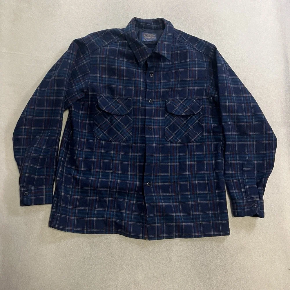 Vintage Pendleton Loop Collar Wool Shirt Men's Large Blue Plaid DAMAGED 60s 70s